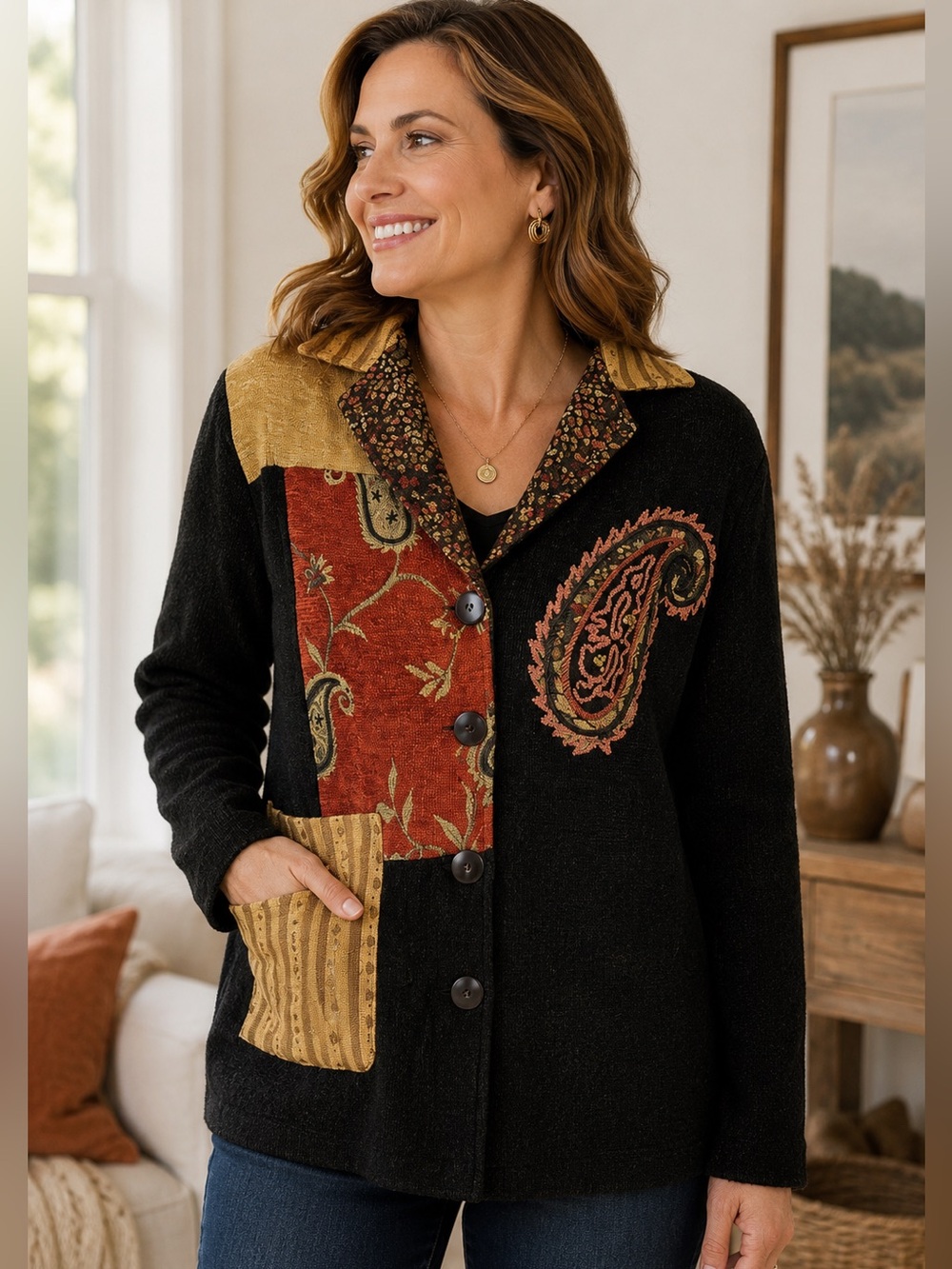 Vintage Analogy Patchwork Tapestry Jacket Paisley Jacquard Button Front